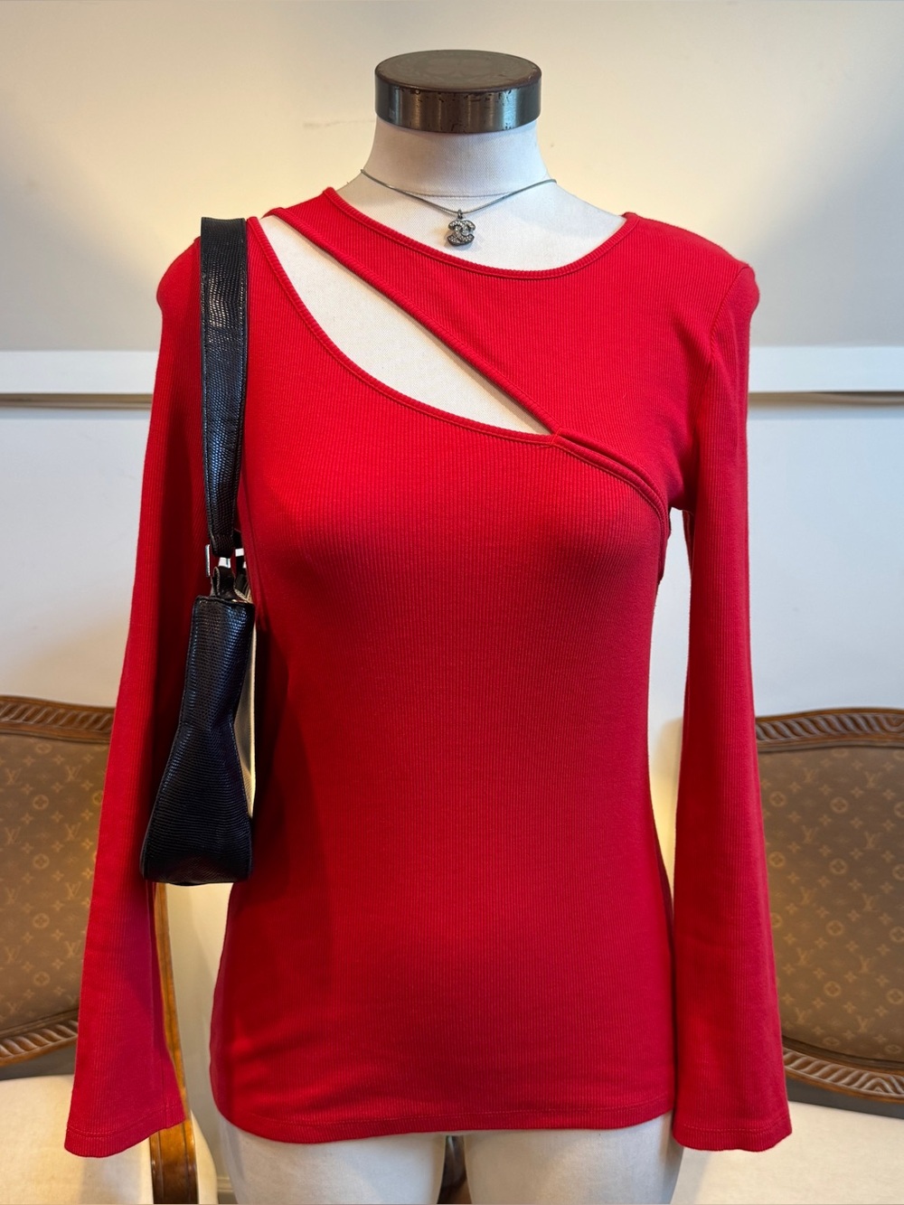 Saint + Sofia Red Ribbed Cotton Asymmetric Cutout Long Sleeve Top Size 6 Small